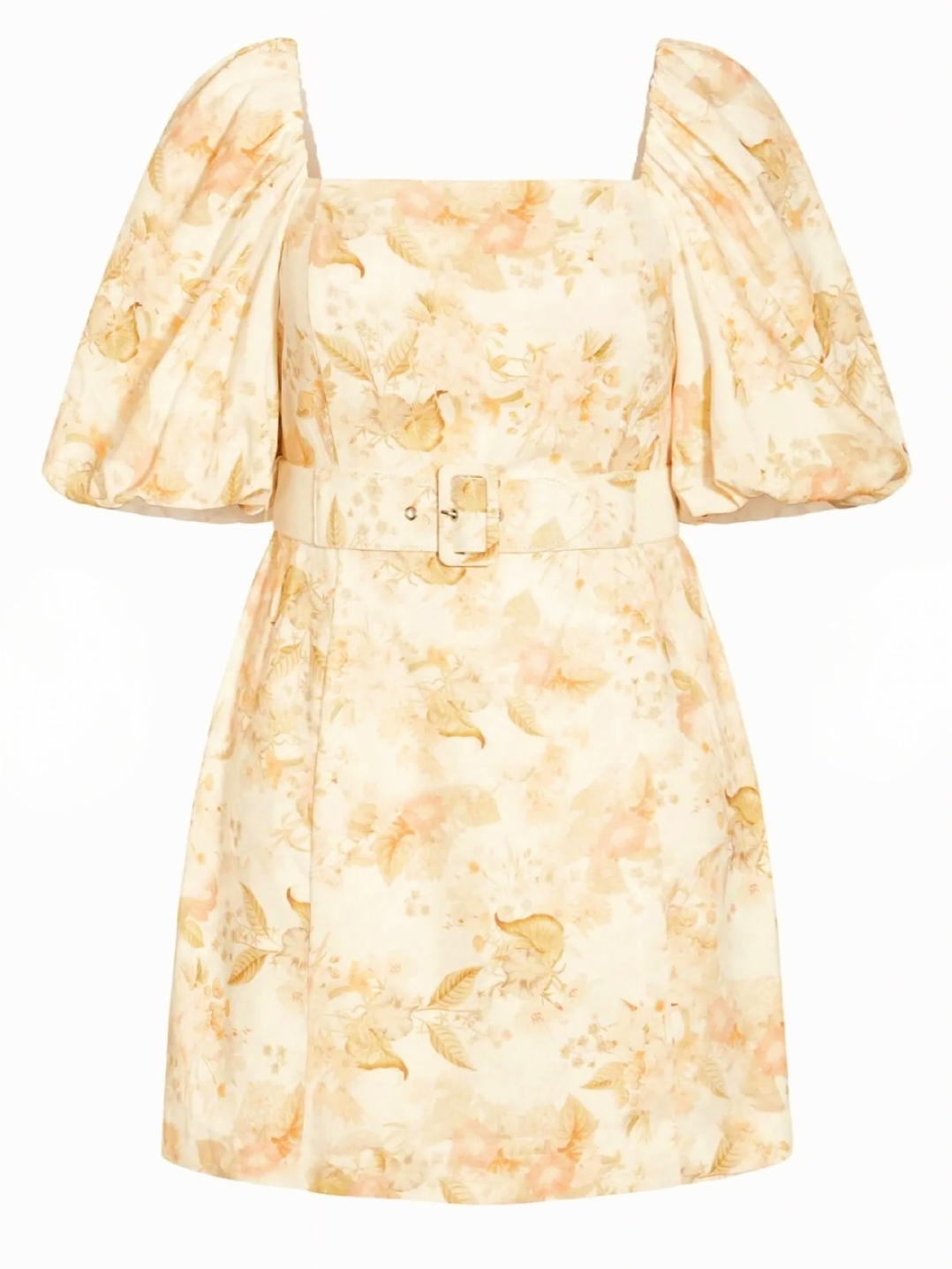 City Chic Cream Floral Puff-Sleeve Belted Mini Dress